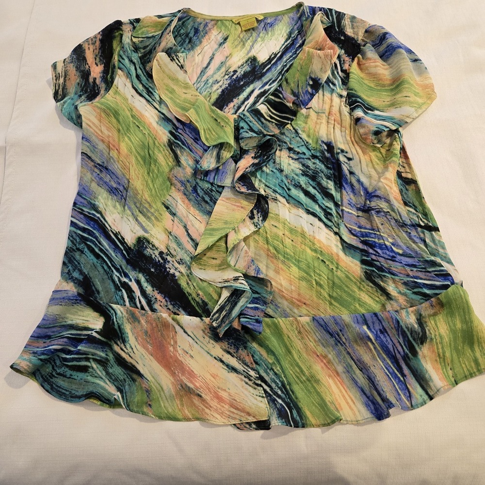 Essential Leigh Multicolor Button‎ Down Ruffled Hem Blouse Large